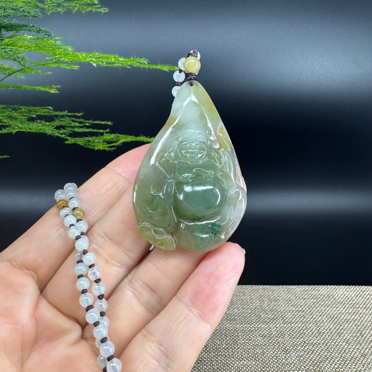 RealJade® Co.  Genuine Burmese Jadeite Jade Yellow Green Happy Buddha  Pendant Necklace