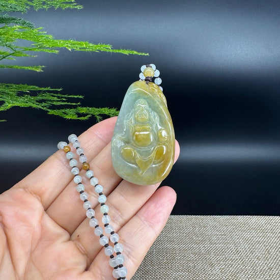 RealJade® Co.  Genuine Burmese Jadeite Jade Yellow Green Happy Buddha  Pendant Necklace
