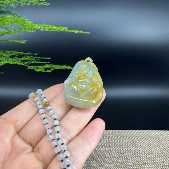 RealJade® Co.  Genuine Burmese Jadeite Jade Yellow Green Happy Buddha  Pendant Necklace