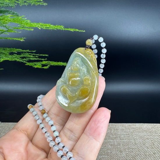 RealJade® Co.  Genuine Burmese Jadeite Jade Yellow Green Happy Buddha  Pendant Necklace