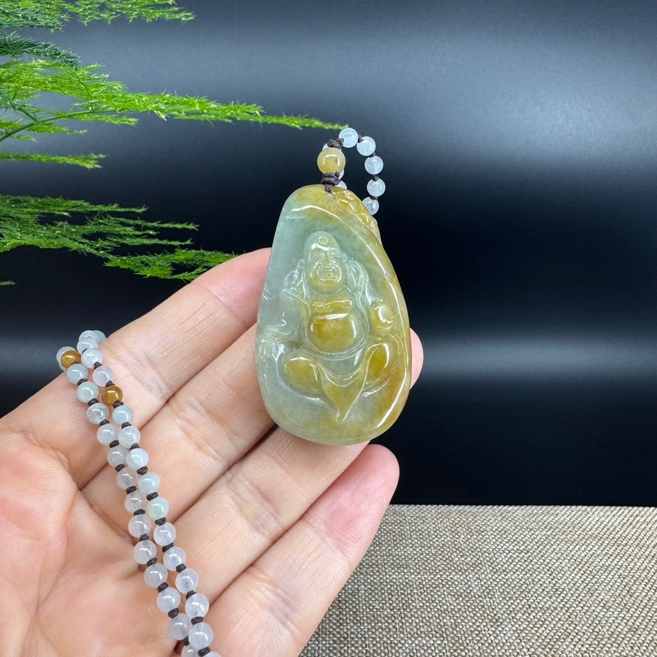 RealJade® Co.  Genuine Burmese Jadeite Jade Yellow Green Happy Buddha  Pendant Necklace