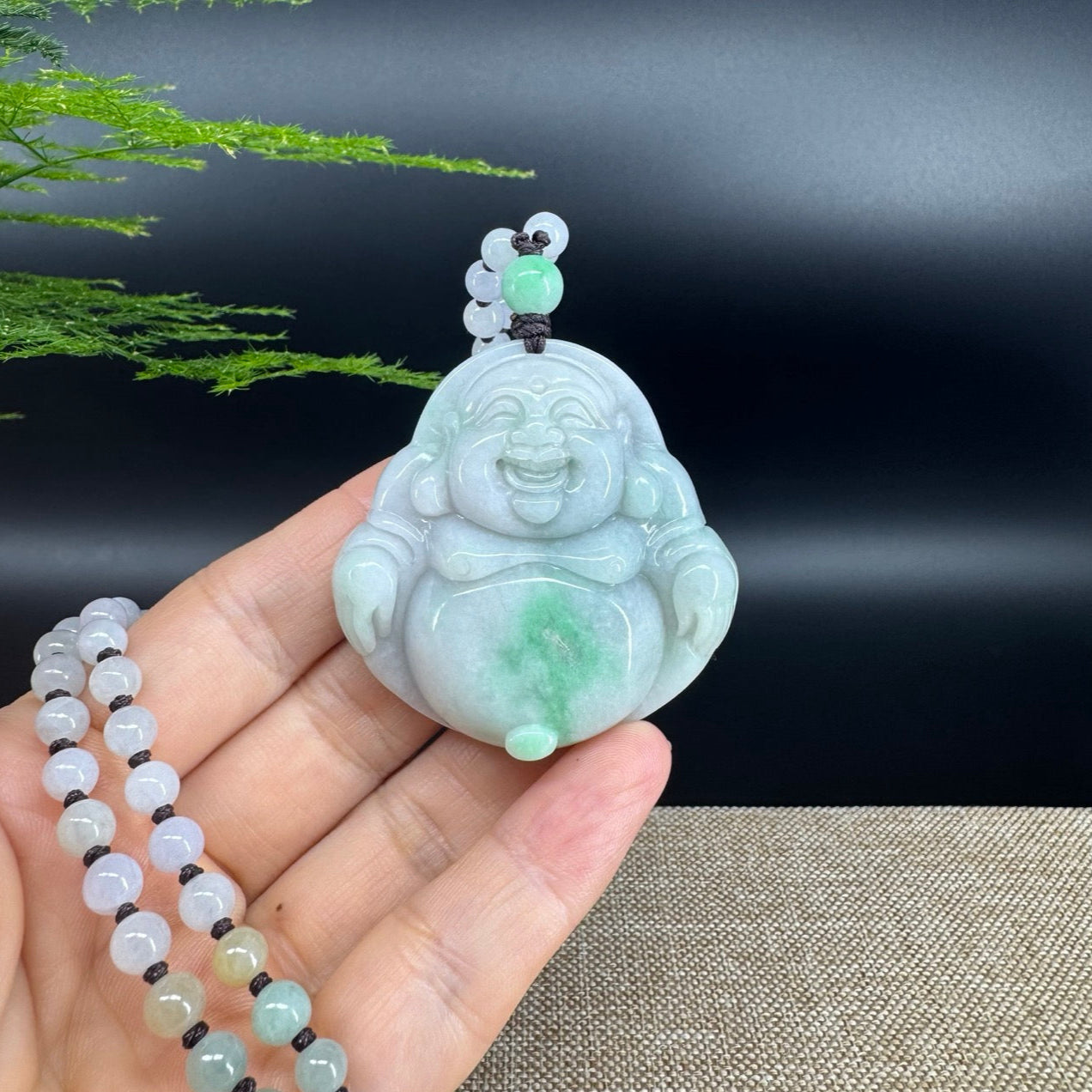 RealJade® Co.  Genuine Burmese Jadeite Jade White Green Happy Buddha  Pendant Necklace