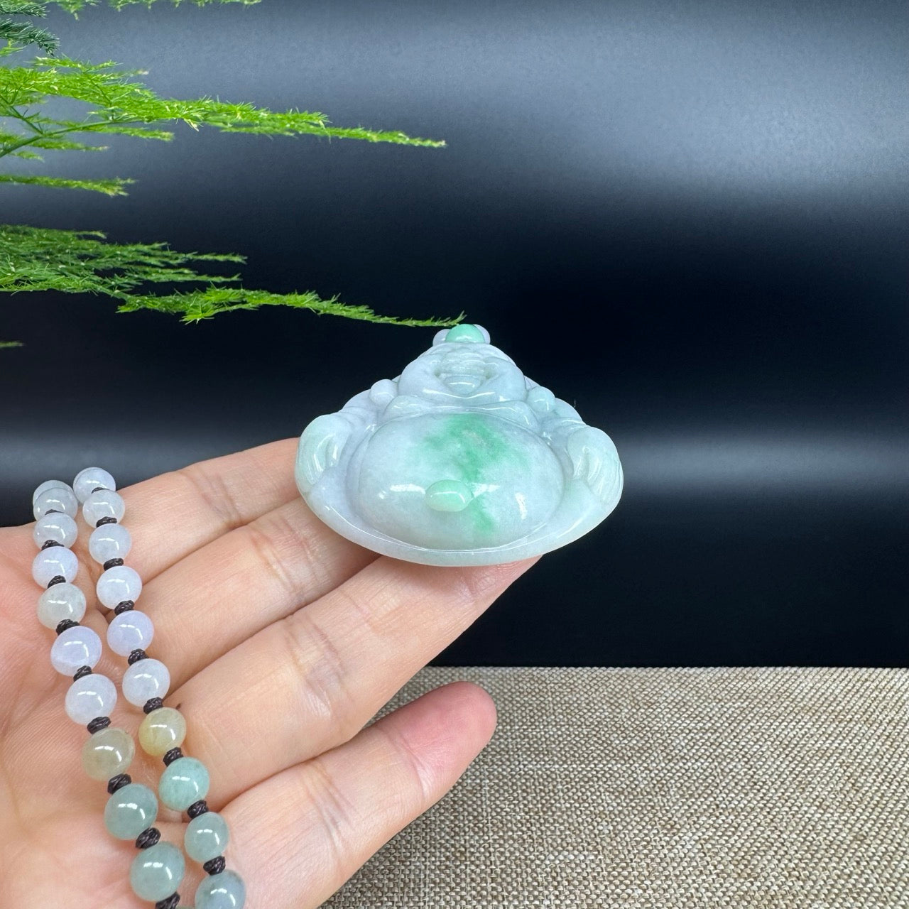 RealJade® Co.  Genuine Burmese Jadeite Jade White Green Happy Buddha  Pendant Necklace