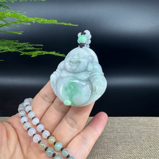 RealJade® Co.  Genuine Burmese Jadeite Jade White Green Happy Buddha  Pendant Necklace