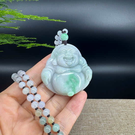 RealJade® Co.  Genuine Burmese Jadeite Jade White Green Happy Buddha  Pendant Necklace