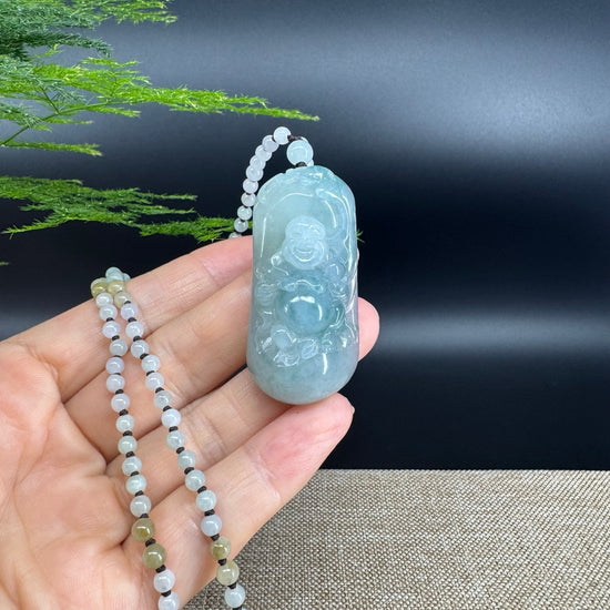 RealJade® Co. Genuine Burmese Jadeite Jade Blue Happy Buddha Pendant Necklace