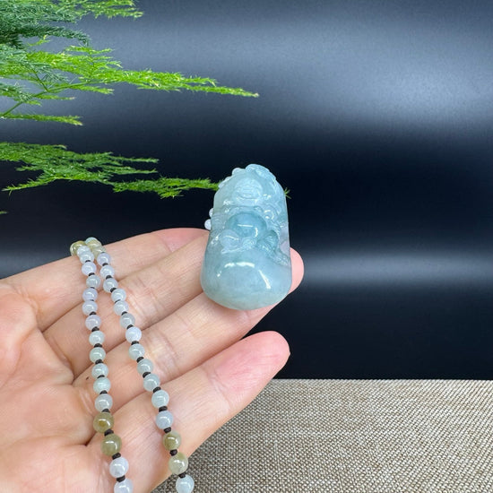 RealJade® Co. Genuine Burmese Jadeite Jade Blue Happy Buddha Pendant Necklace