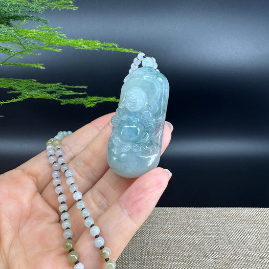 RealJade® Co. Genuine Burmese Jadeite Jade Blue Happy Buddha Pendant Necklace