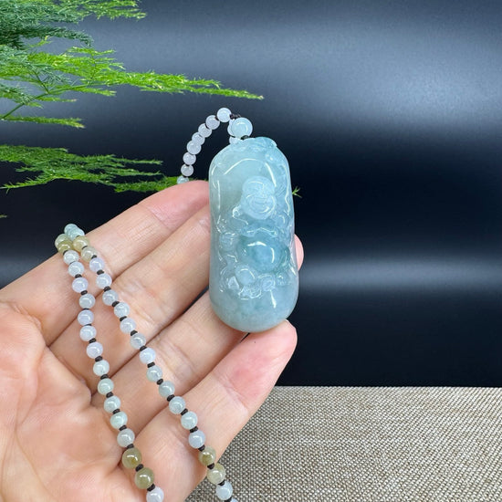 RealJade® Co. Genuine Burmese Jadeite Jade Blue Happy Buddha Pendant Necklace