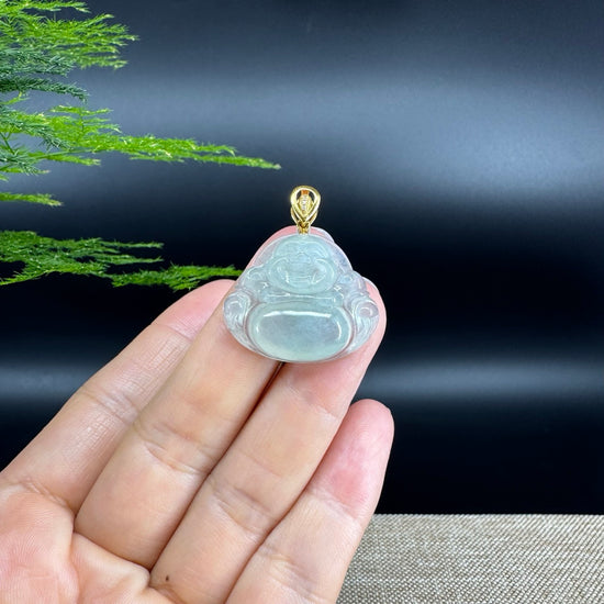 18K Yellow Gold Burmese Icy Green Jadeite Jade Happy Buddha Pendant