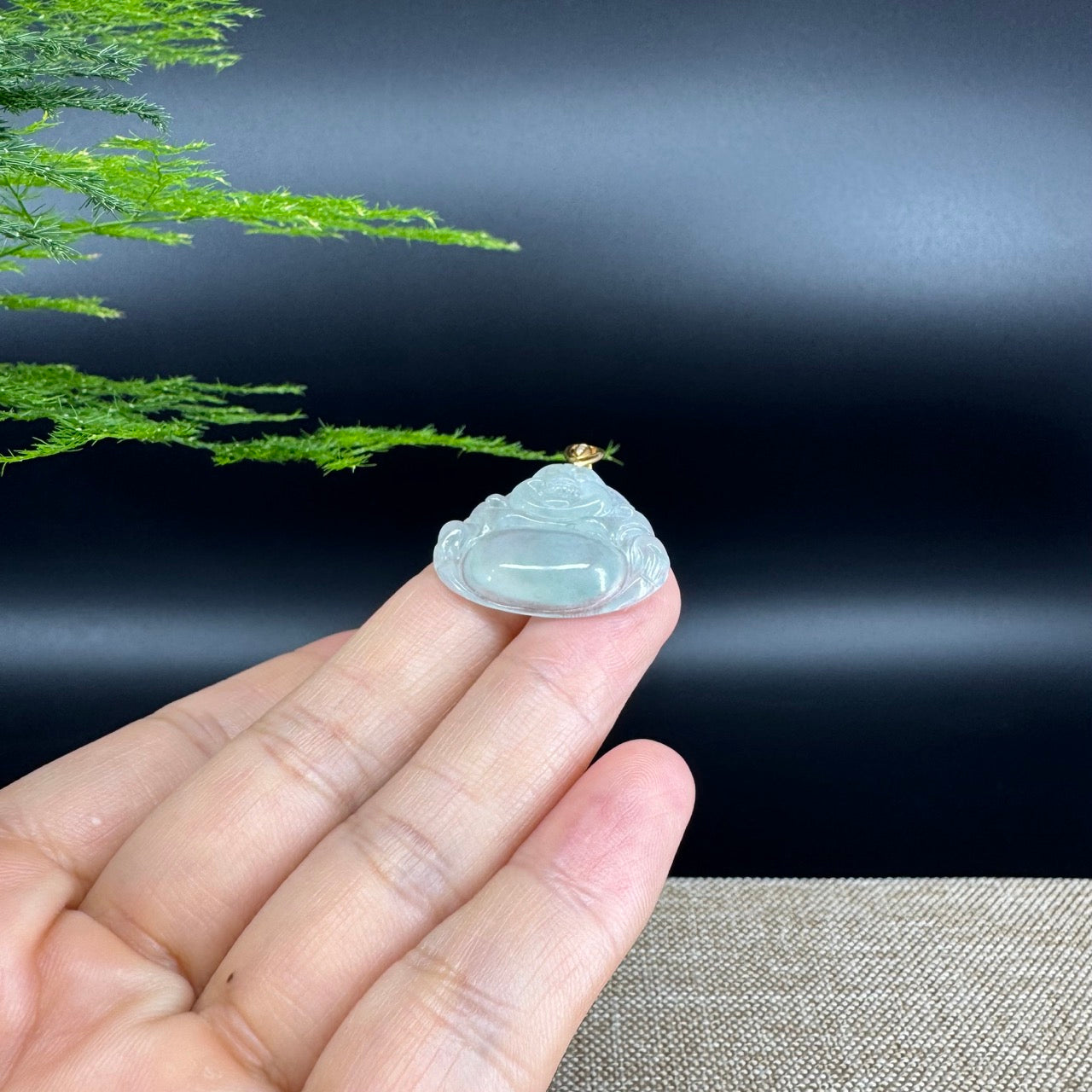 18K Yellow Gold Burmese Icy Green Jadeite Jade Happy Buddha Pendant