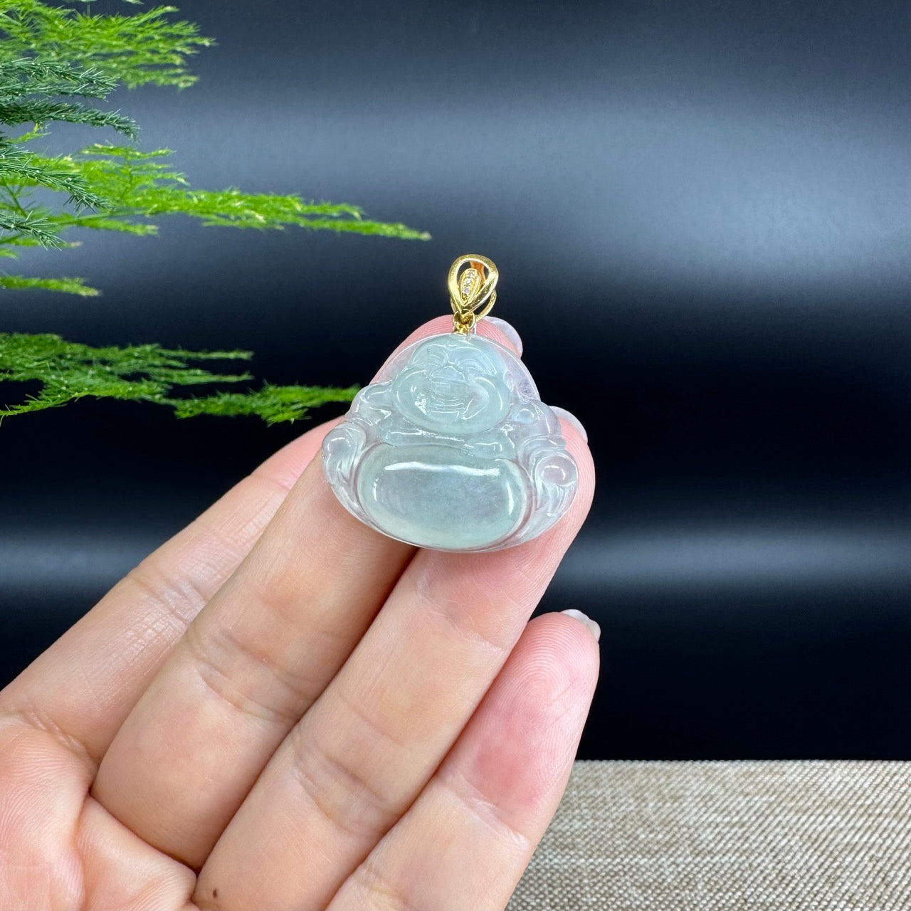 18K Yellow Gold Burmese Icy Green Jadeite Jade Happy Buddha Pendant