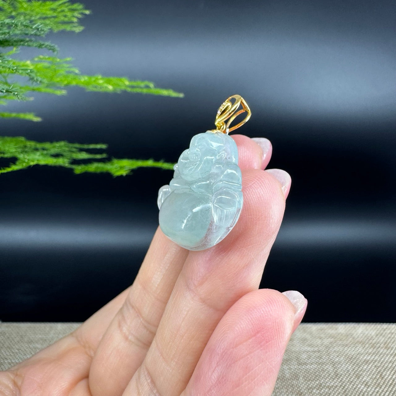18K Yellow Gold Burmese Icy Green Jadeite Jade Happy Buddha Pendant