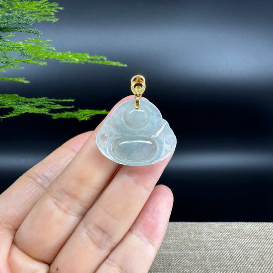 18K Yellow Gold Burmese Icy Green Jadeite Jade Happy Buddha Pendant