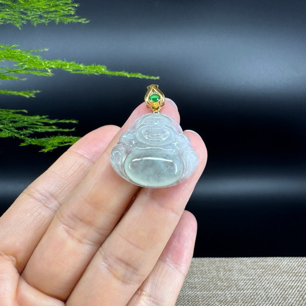 18K Yellow Gold Burmese Icy Green Jadeite Jade Happy Buddha Pendant
