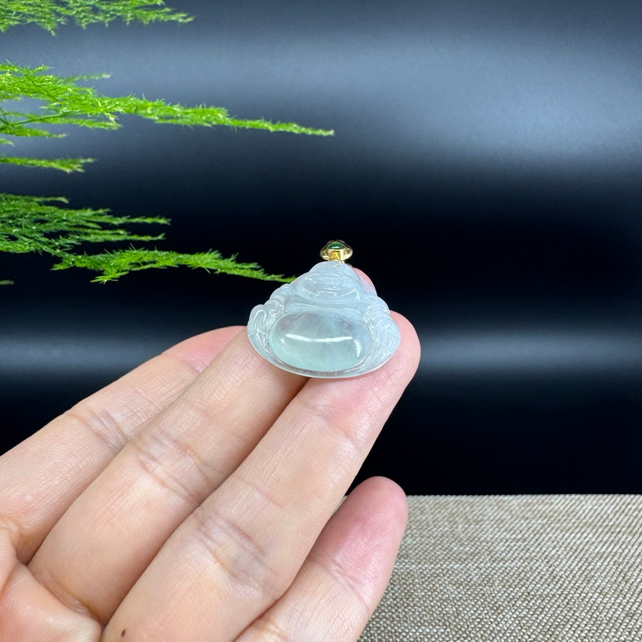 18K Yellow Gold Burmese Icy Green Jadeite Jade Happy Buddha Pendant