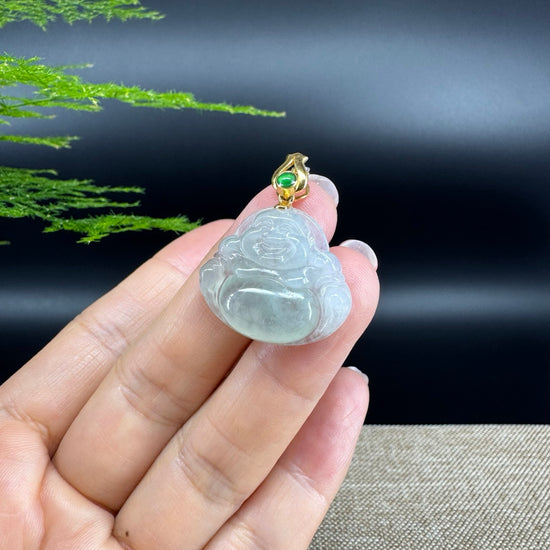 18K Yellow Gold Burmese Icy Green Jadeite Jade Happy Buddha Pendant