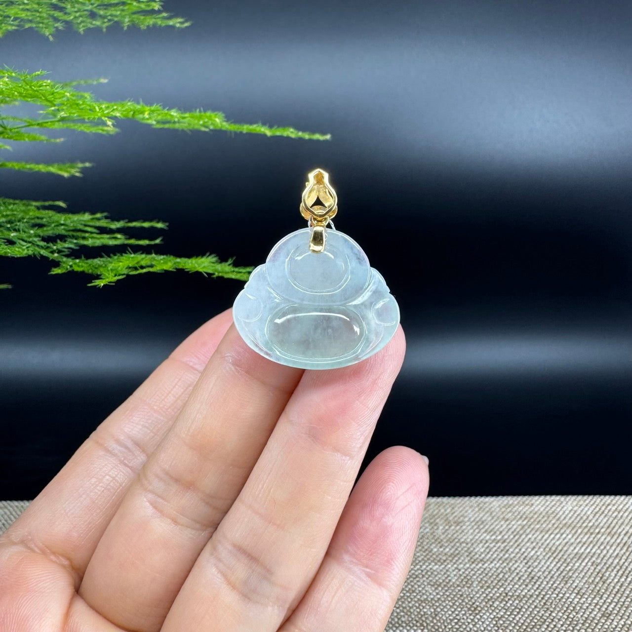 18K Yellow Gold Burmese Icy Green Jadeite Jade Happy Buddha Pendant