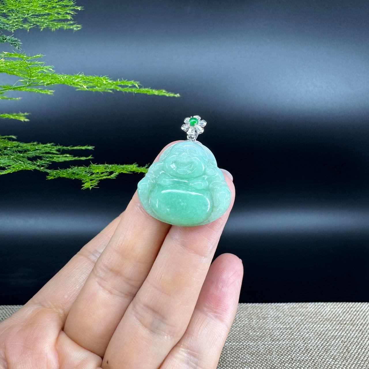 18K White Gold Burmese Green Jadeite Jade Happy Buddha Pendant