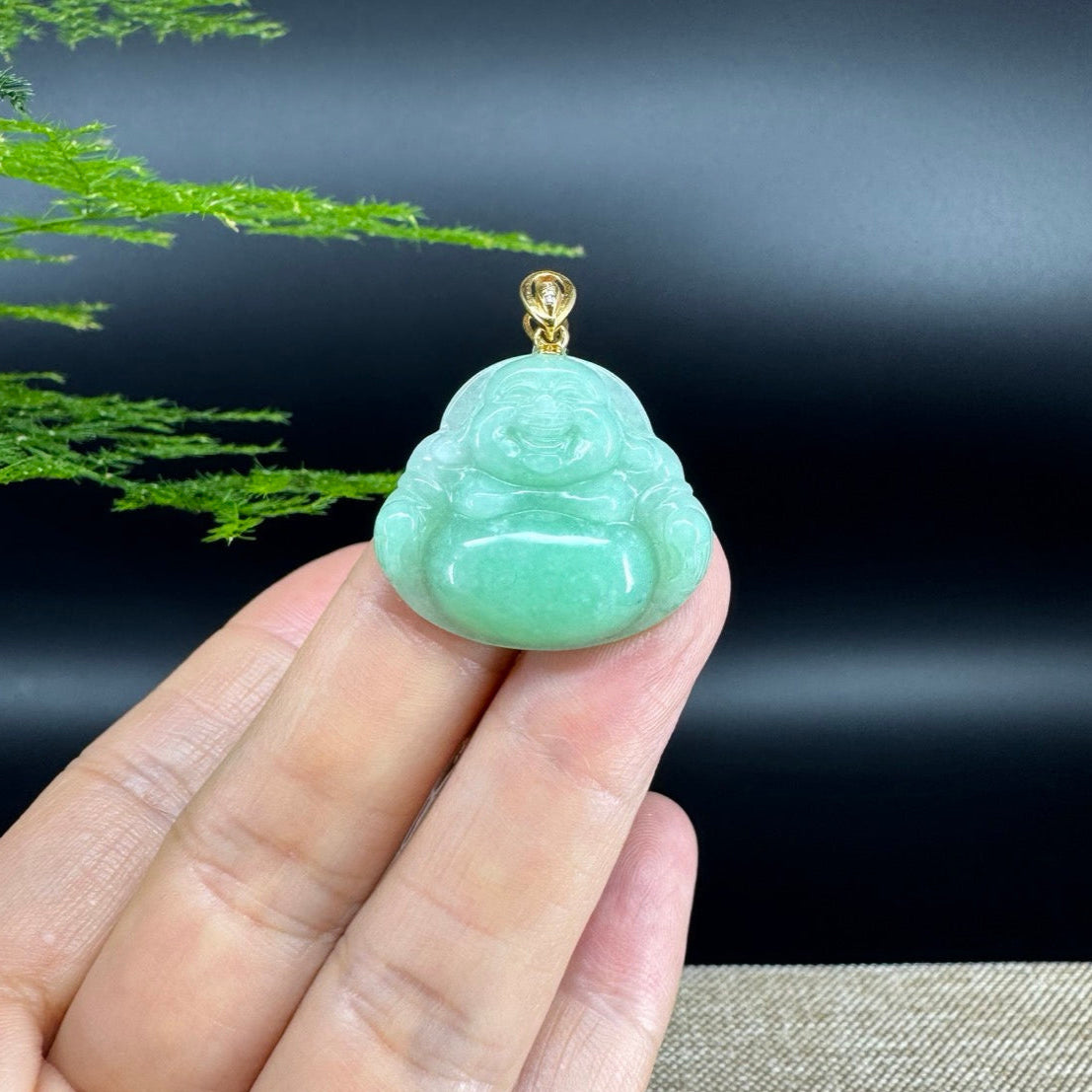 18K Yellow Gold Burmese Green Jadeite Jade Happy Buddha Pendant