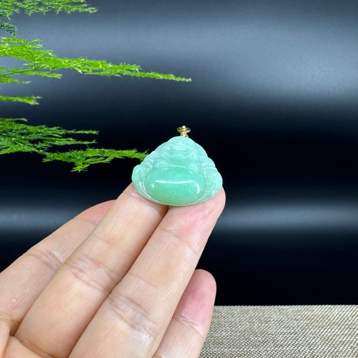 18K Yellow Gold Burmese Green Jadeite Jade Happy Buddha Pendant