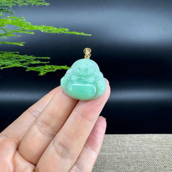18K Yellow Gold Burmese Green Jadeite Jade Happy Buddha Pendant