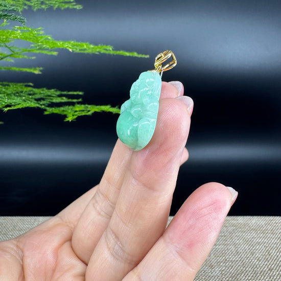 18K Yellow Gold Burmese Green Jadeite Jade Happy Buddha Pendant
