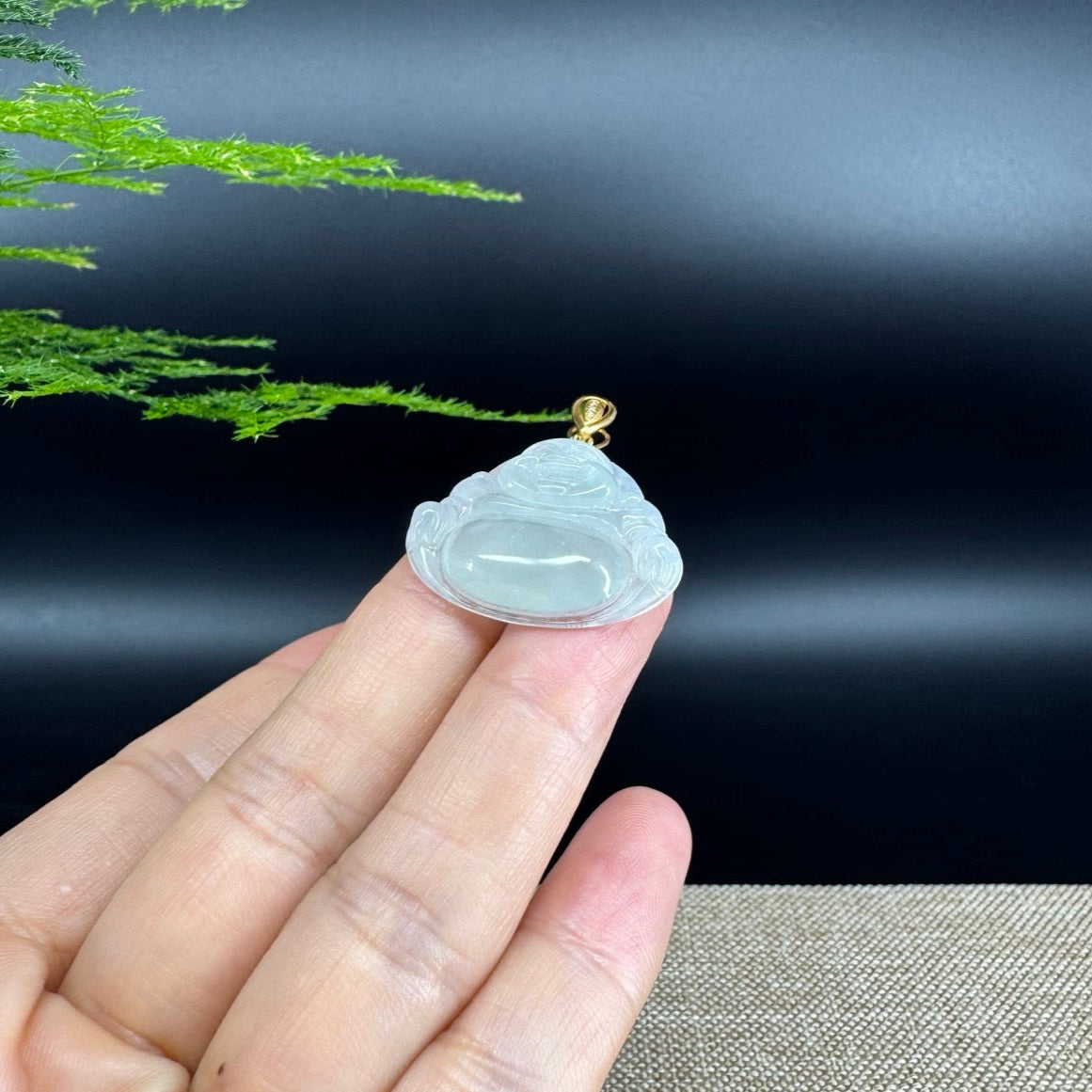 18K Yellow Gold Burmese Icy Green Jadeite Jade Happy Buddha Pendant