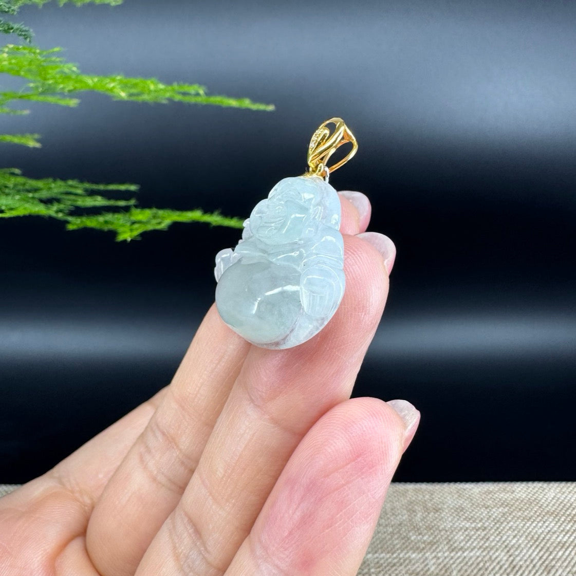 18K Yellow Gold Burmese Icy Green Jadeite Jade Happy Buddha Pendant