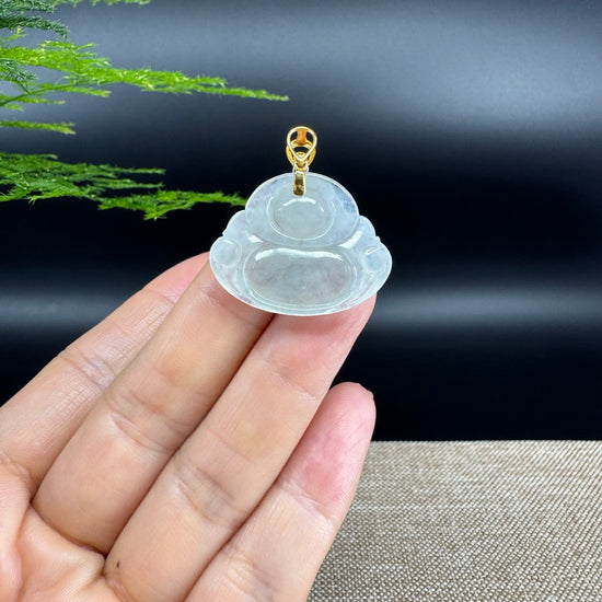 18K Yellow Gold Burmese Icy Green Jadeite Jade Happy Buddha Pendant