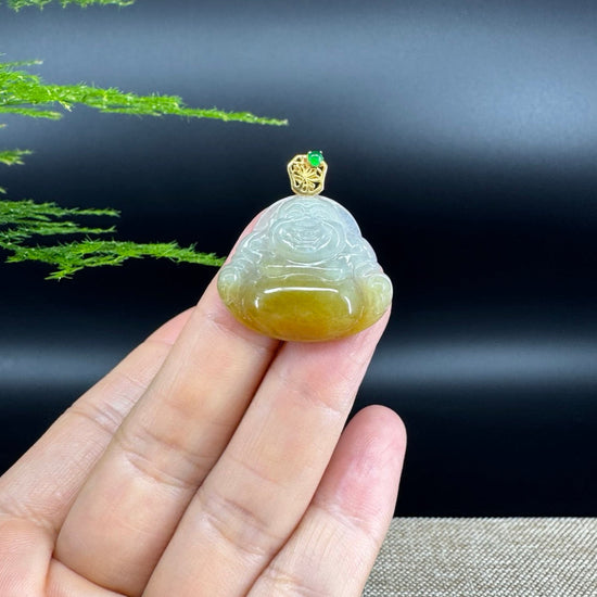 18K Yellow Gold Burmese Yellow Jadeite Jade Happy Buddha Pendant