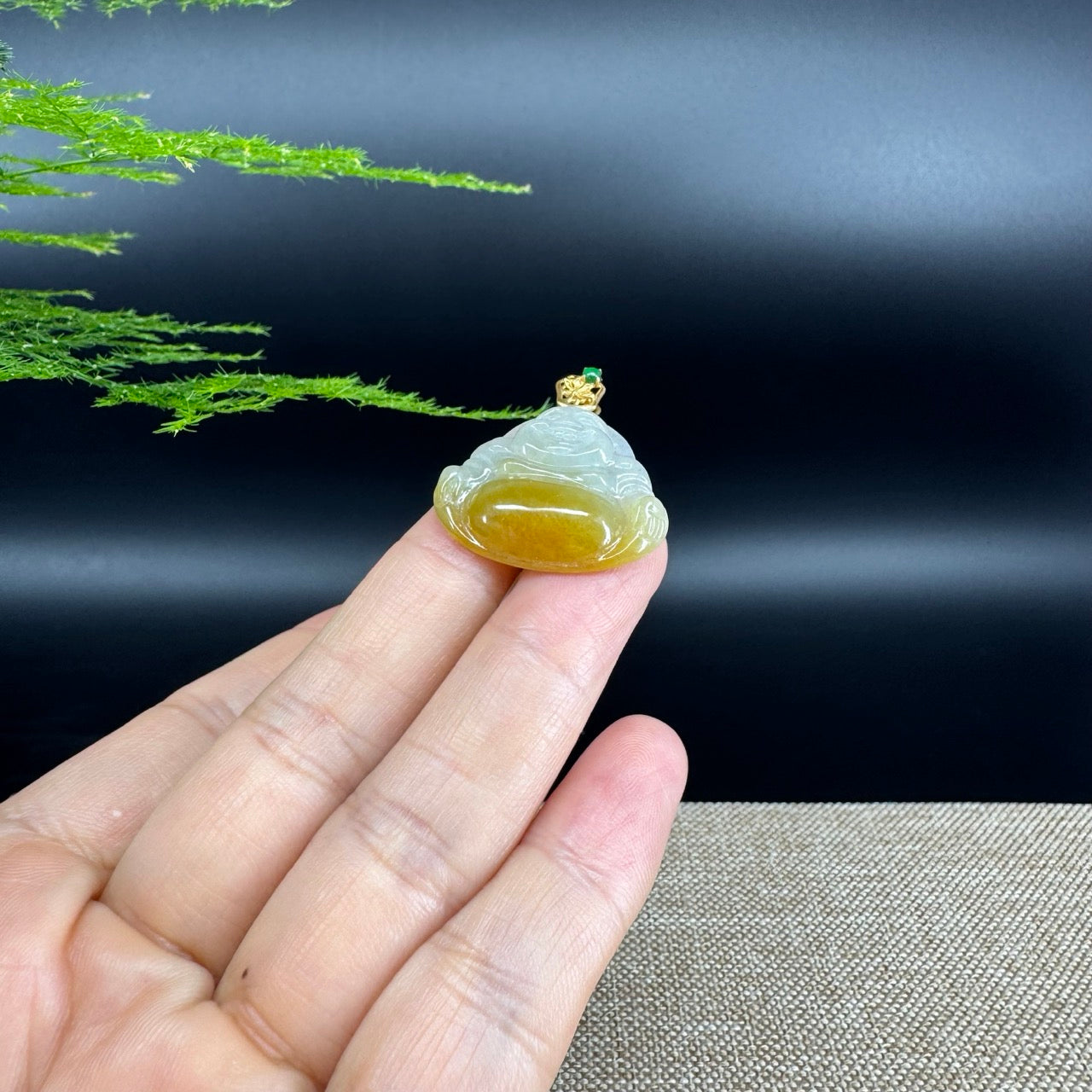 18K Yellow Gold Burmese Yellow Jadeite Jade Happy Buddha Pendant