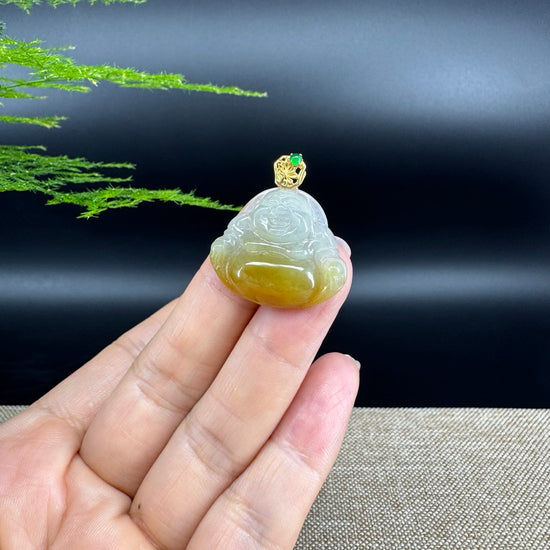 18K Yellow Gold Burmese Yellow Jadeite Jade Happy Buddha Pendant