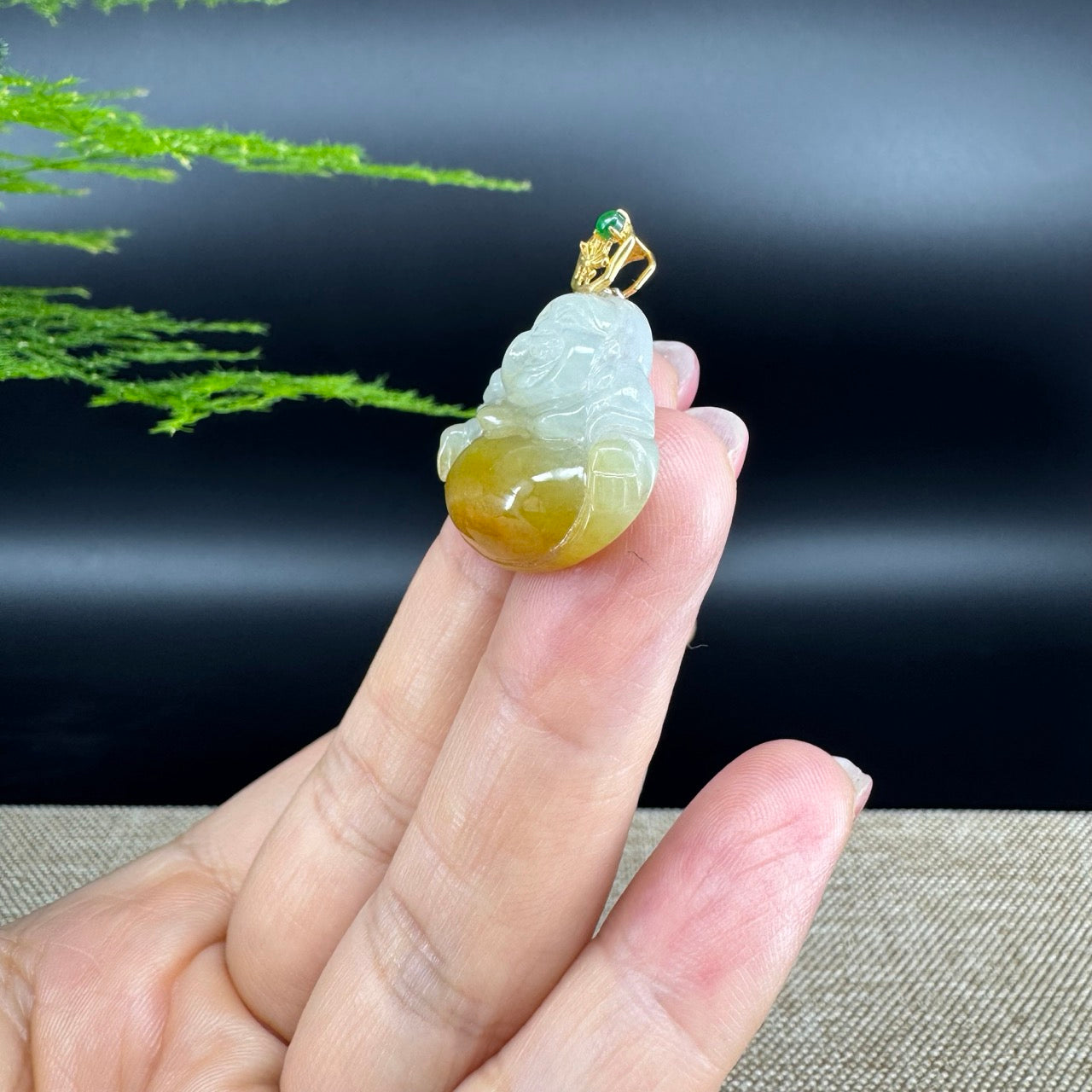 18K Yellow Gold Burmese Yellow Jadeite Jade Happy Buddha Pendant