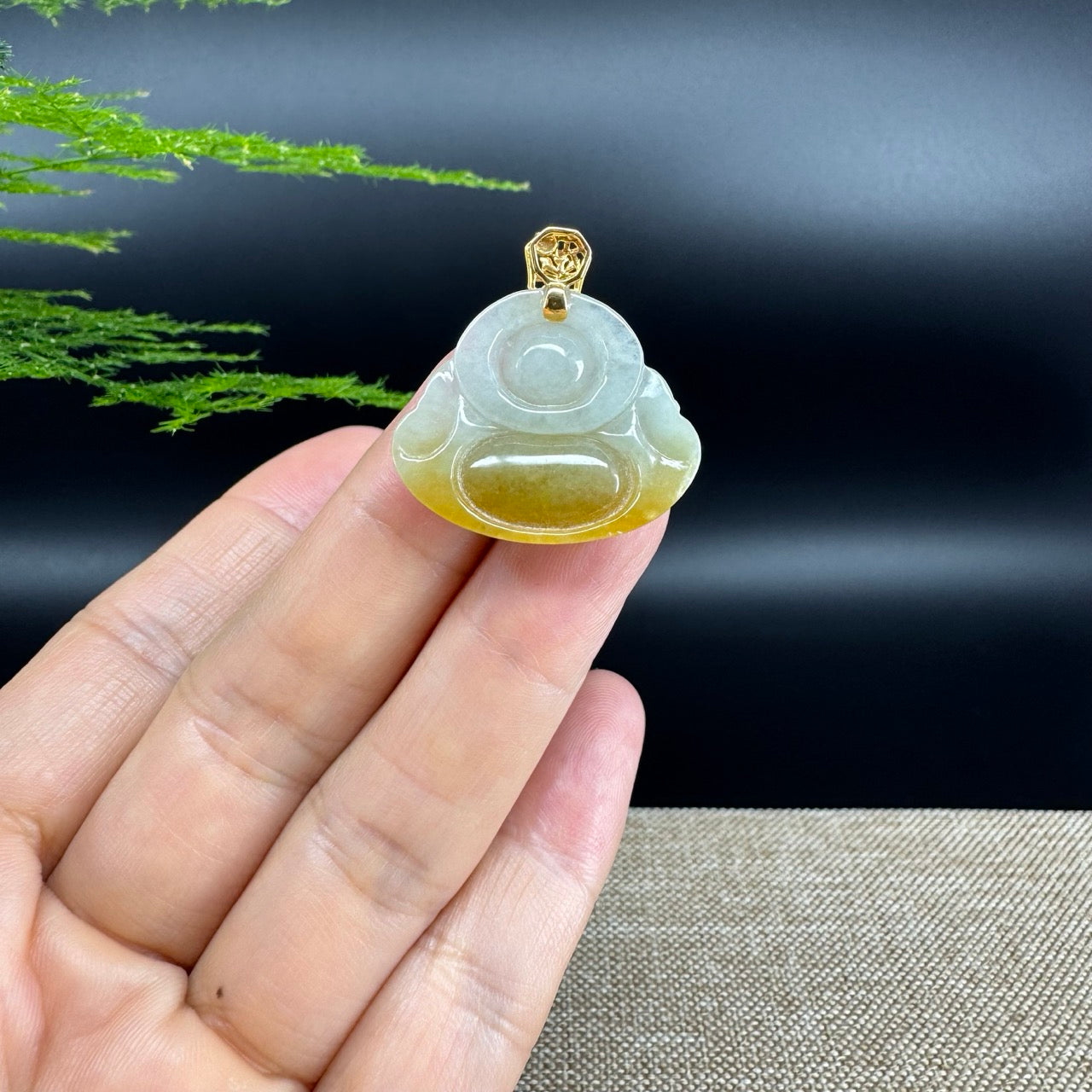 18K Yellow Gold Burmese Yellow Jadeite Jade Happy Buddha Pendant