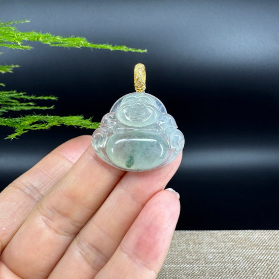 18K Yellow Gold Burmese Icy Green Jadeite Jade Happy Buddha Pendant