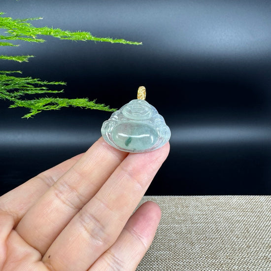 18K Yellow Gold Burmese Icy Green Jadeite Jade Happy Buddha Pendant