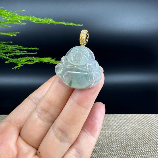 18K Yellow Gold Burmese Icy Green Jadeite Jade Happy Buddha Pendant