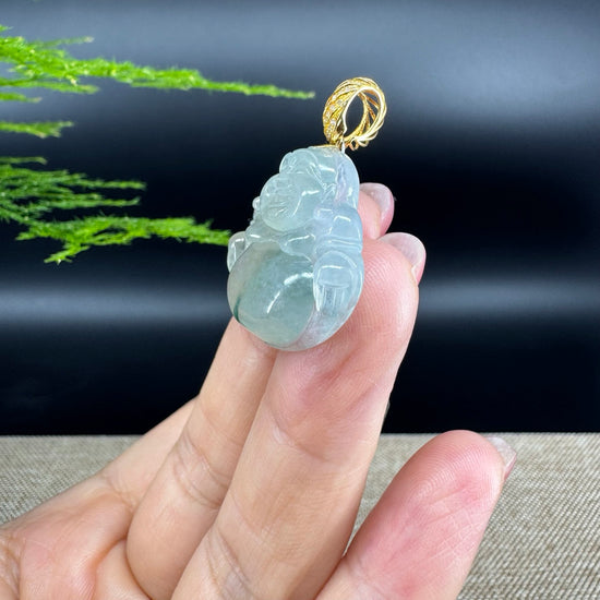 18K Yellow Gold Burmese Icy Green Jadeite Jade Happy Buddha Pendant