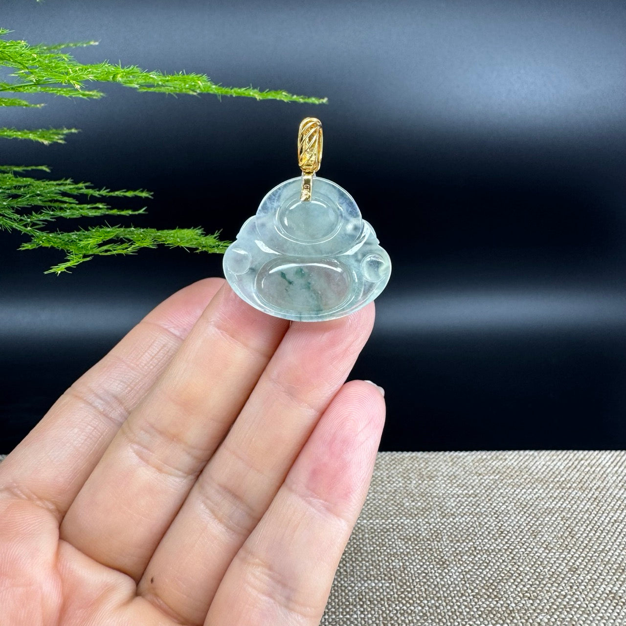 18K Yellow Gold Burmese Icy Green Jadeite Jade Happy Buddha Pendant