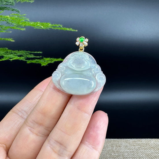 18K Yellow Gold Burmese Icy Green Jadeite Jade Happy Buddha Pendant