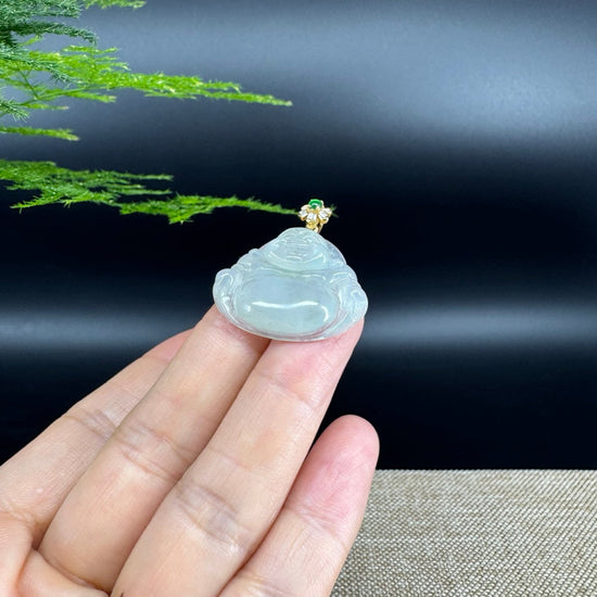 18K Yellow Gold Burmese Icy Green Jadeite Jade Happy Buddha Pendant