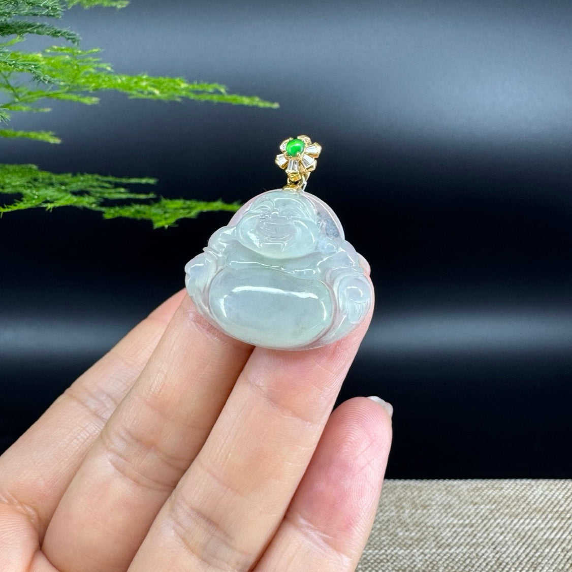 18K Yellow Gold Burmese Icy Green Jadeite Jade Happy Buddha Pendant