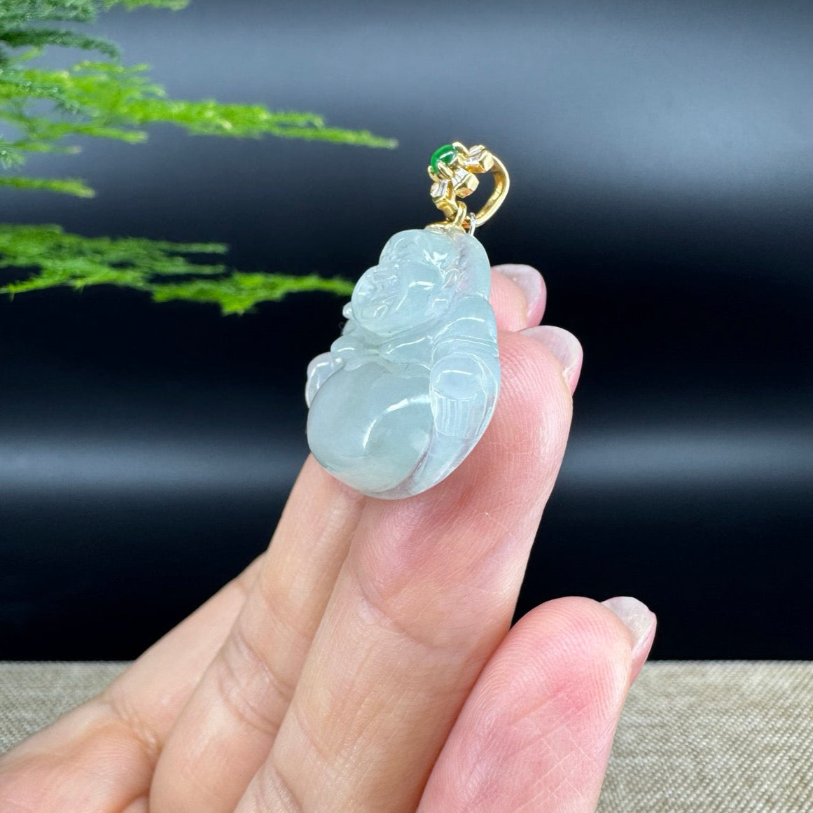 18K Yellow Gold Burmese Icy Green Jadeite Jade Happy Buddha Pendant
