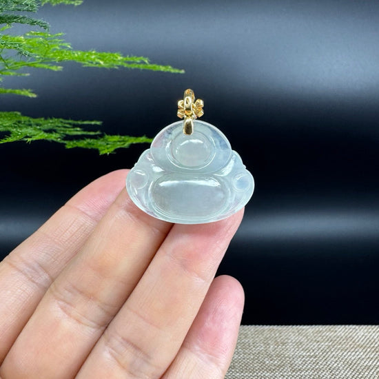18K Yellow Gold Burmese Icy Green Jadeite Jade Happy Buddha Pendant