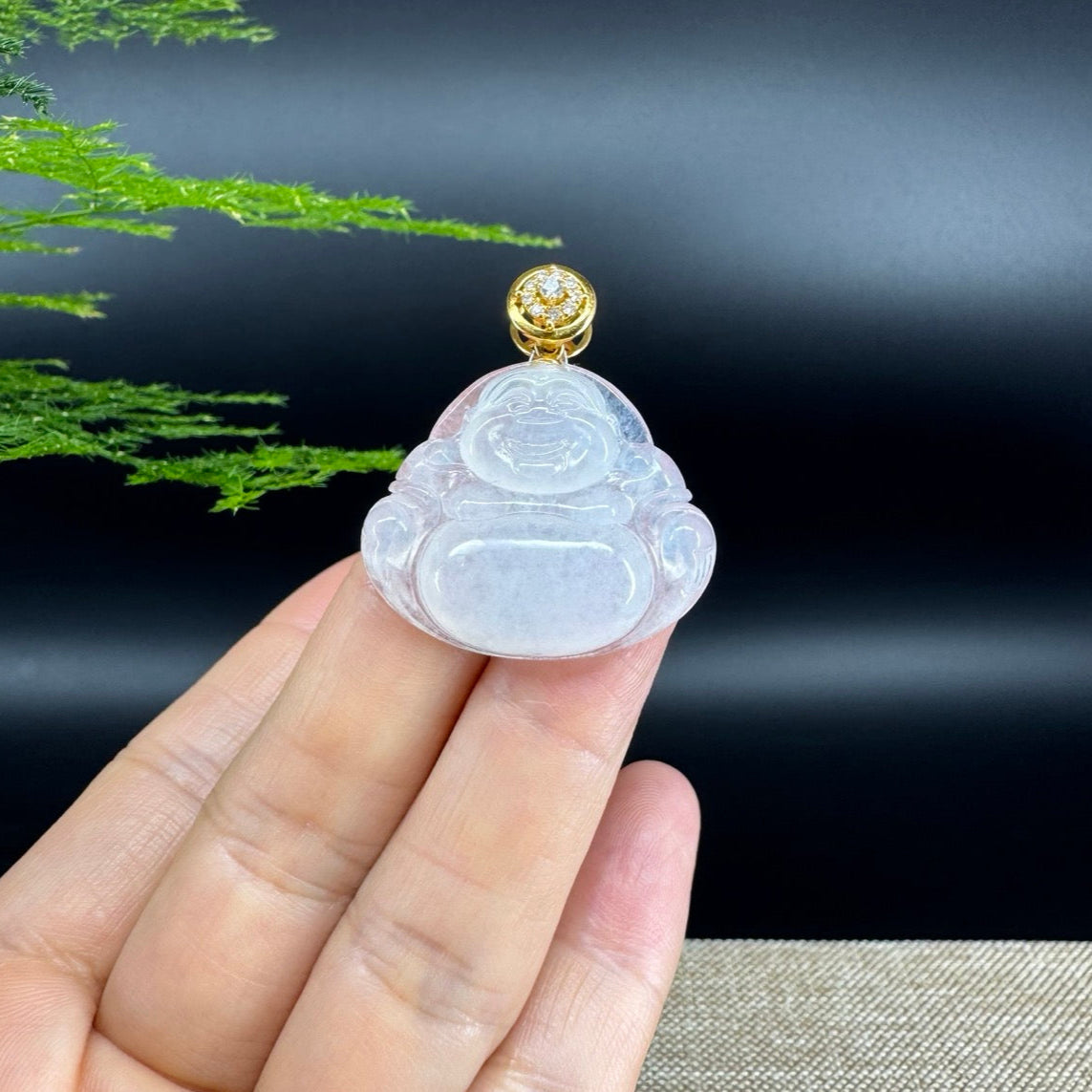 18K Yellow Gold Burmese Icy Jadeite Jade Happy Buddha Pendant