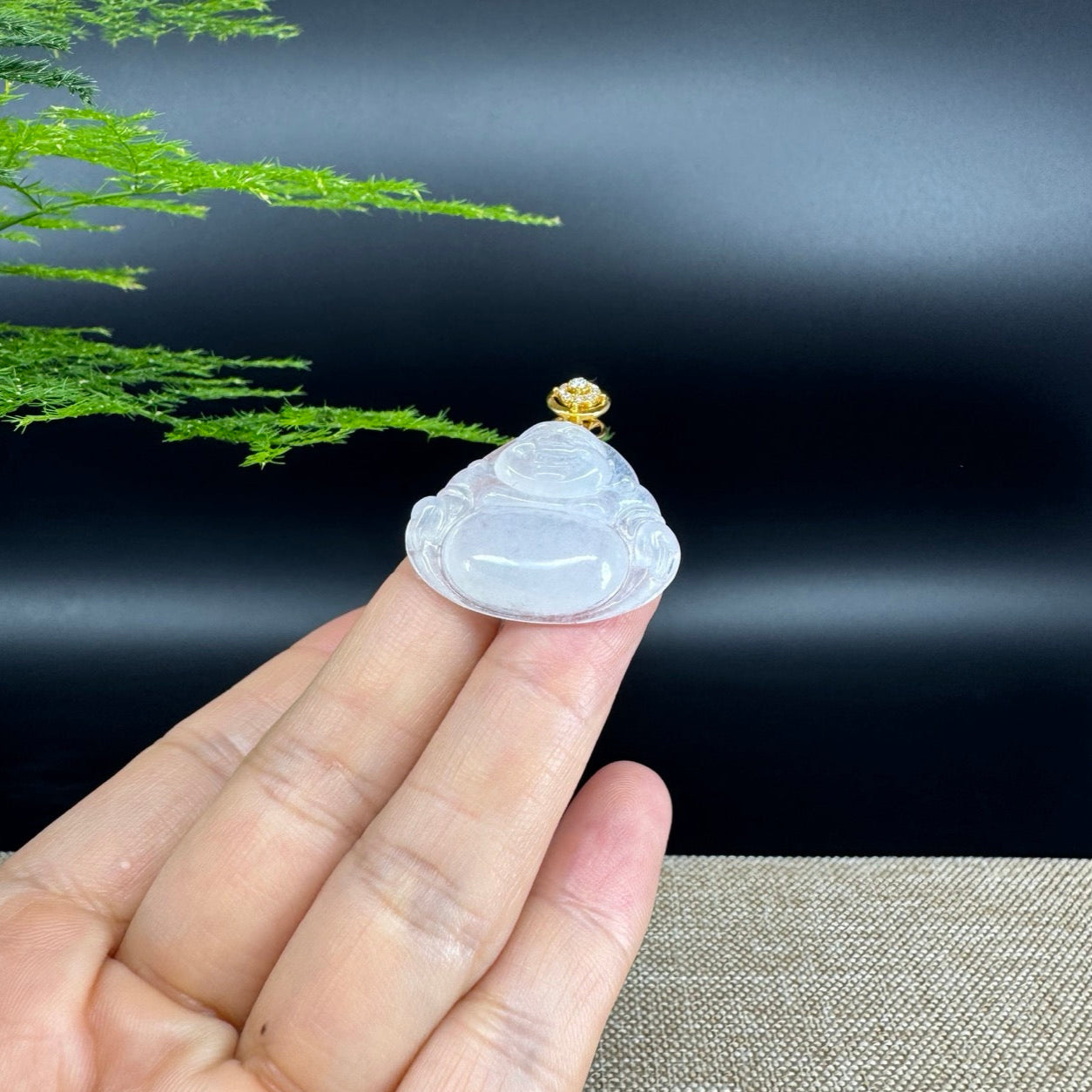 18K Yellow Gold Burmese Icy Jadeite Jade Happy Buddha Pendant