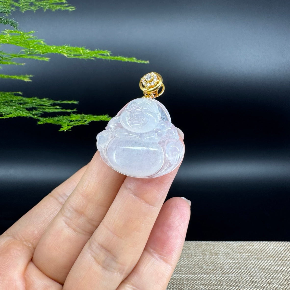 18K Yellow Gold Burmese Icy Jadeite Jade Happy Buddha Pendant