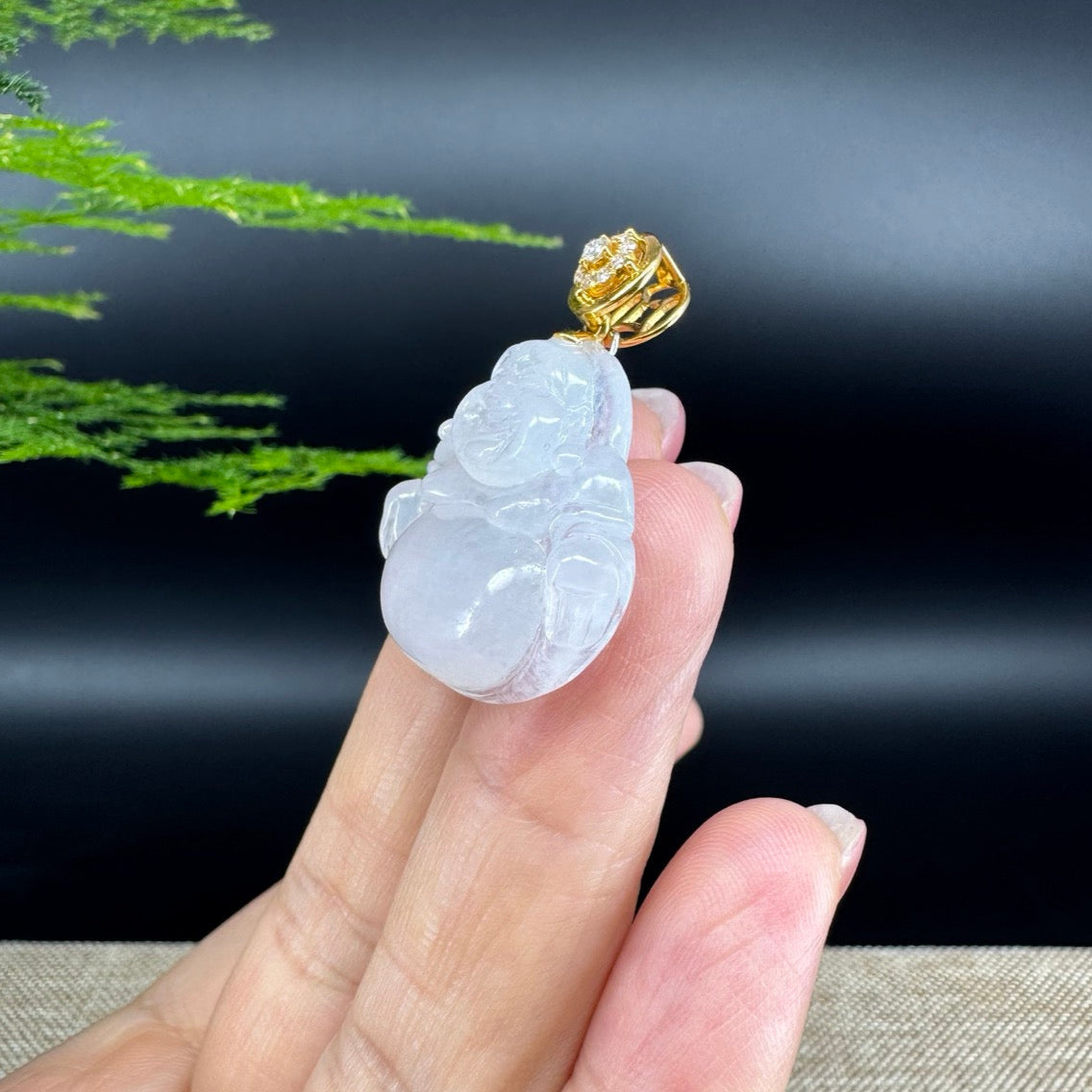18K Yellow Gold Burmese Icy Jadeite Jade Happy Buddha Pendant