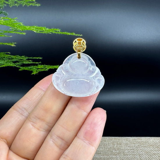 18K Yellow Gold Burmese Icy Jadeite Jade Happy Buddha Pendant